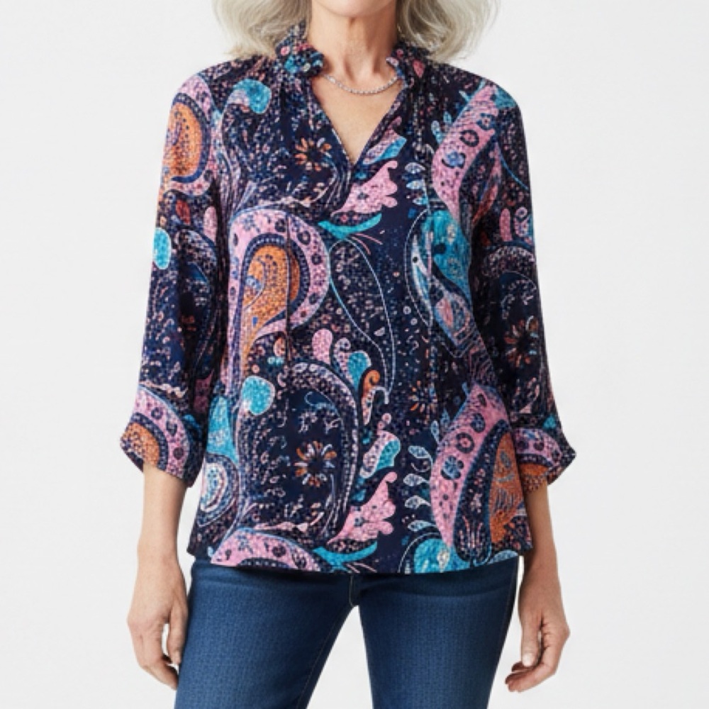 BRITT RYAN | Self Long Sleeve Paisley V-Neck Silk Blouse Top | Size XS